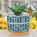 DreamAutumn Navy Blue Geometric Pattern Ceramic Pots for Plants with Drainage Holes Round Flower Pot Bamboo Tray Orchid Pot Succulents Pots for Outdoor Indoor Plants,Housewarming Gifts