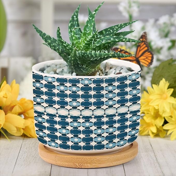 DreamAutumn Navy Blue Geometric Pattern Ceramic Pots for Plants with Drainage Holes Round Flower Pot Bamboo Tray Orchid Pot Succulents Pots for Outdoor Indoor Plants,Housewarming Gifts