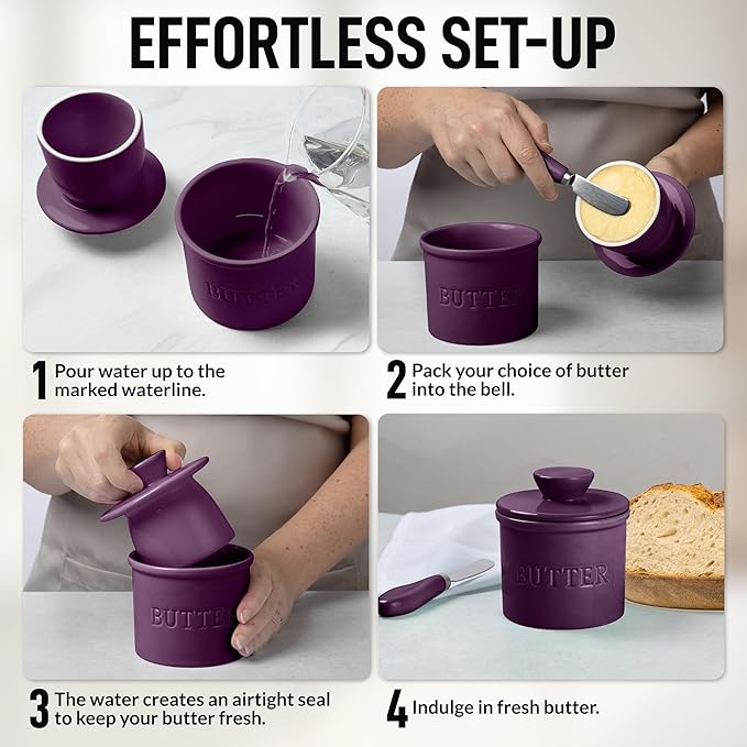 Zulay Kitchen Bell Shaped Butter Crock with Lid for Countertop with Water Line & Spreader Knife, Ceramic French Butter Dish Keeper For Fresh, Soft & Spreadable Butter - Purple
