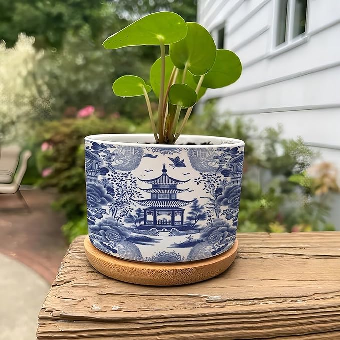 Chinoiserie Blue Asian Ceramic Planter Chinoiserie Chic Asian Flower Pots for Indoor Plants with Drainage Holes and Saucers Pot for Pots Outdoor Indoor Plants
