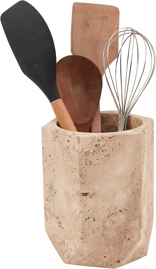 Marble Utensil Holder 6.5 Inch Stone Cooking Utensils Set Crock for Countertop Storage, Modern Travertine Utensil Caddy, Spoon Holder & Spatula Organizer for Kitchen Decor