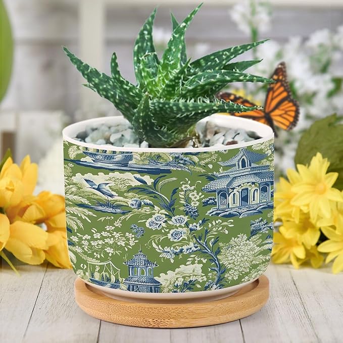 Planters Ceramic Turquoise Green Chinoiserie Floral and Bird Pots With Drainage Holes - Round Flowerpot With Bamboo Tray for Succulent and Little Snake Plants - Gift for Nana Grandma
