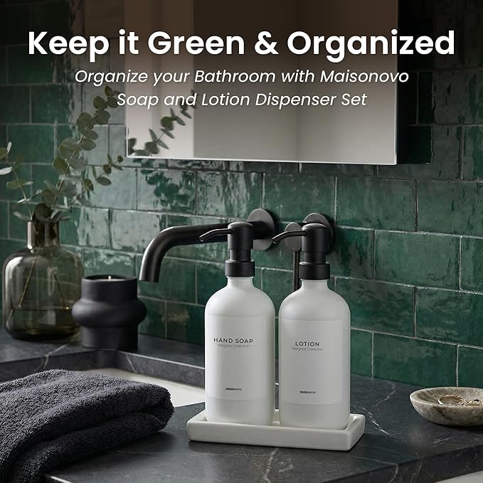 MaisoNovo Bathroom Soap Dispenser Set - Soap and Lotion Dispenser Set with White Soap Dispenser, Black Pumps & Concrete Tray