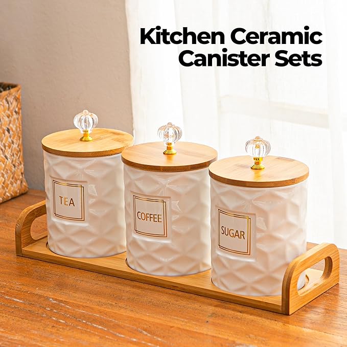 Set of 3 Ceramic Canisters for Sugar Coffee Tea with Tray, White Airtight Food Storage Jars with Wood Lids, Kitchen Counter Storage Containers - 23oz