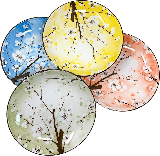 TJ Global Set of 4 Japanese Pottery Ceramic 7 Inch Plates for Any Meal and Any Dish, Japanese Dinnerware and Tableware Comes in Assorted Colors with Cherry Blossom Design