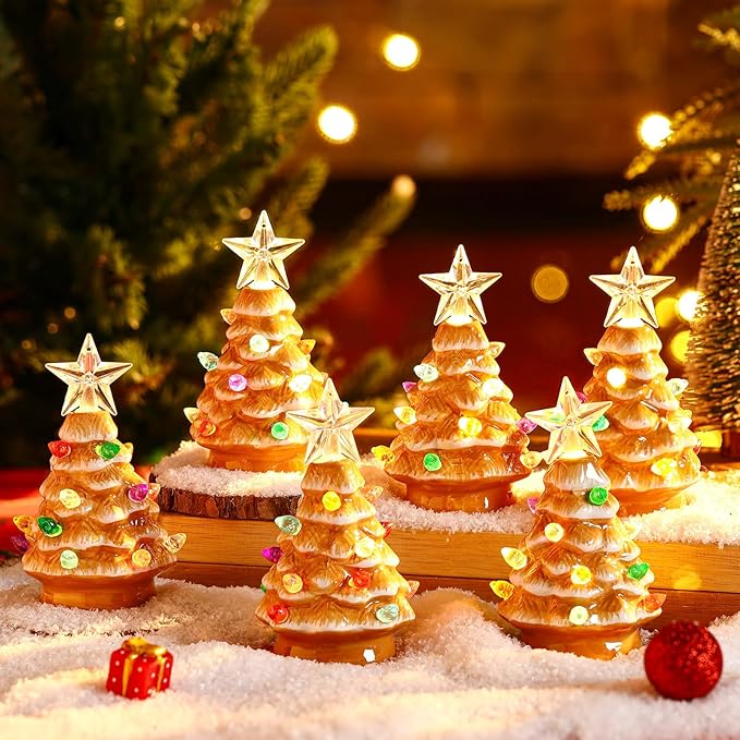 Leinuosen 6 Set Mini 4 Inch Ceramic Christmas Tree with Multicolored Lights Xmas Tree Hanging Light up Ornaments Pre Lit Hand Painted for Tabletop Home Office Table Holiday Decorations(Khaki,Star)