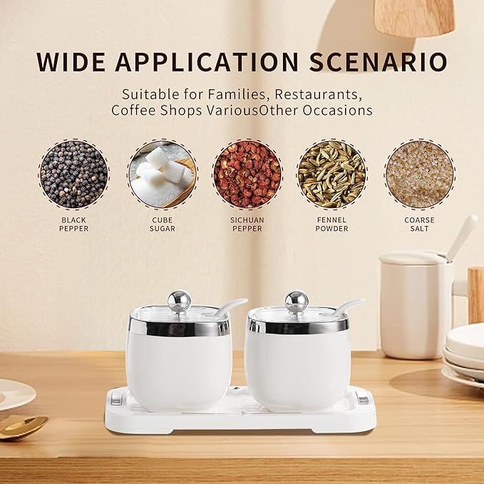 shuqiao Porcelain Condiment Jar Spice Container with Lid - Ceramic Spoon, Plastic Tray is the best clay pot for your home, kitchen, counter. White, 280 ml (9.4 oz), 2-piece set (3, Circle)