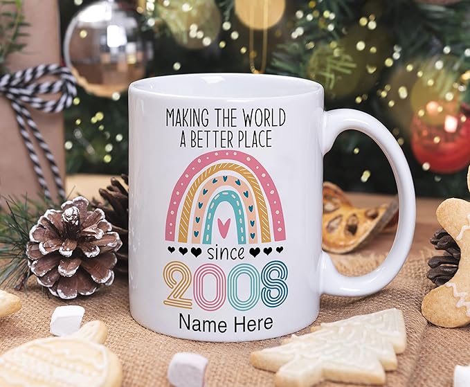 PREZZY Vintage 15th Birthday Mug Gifts for Women Men Making the World a Better Place Since 2008 Boho Rainbow Turning 15 Years Old Birthday Decorations Personalized Mugs Novelty Coffee Cup 11oz 15oz
