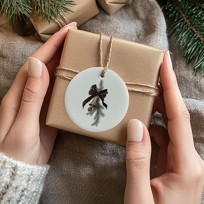 Rustic Christmas Tree Bell Ceramic Ornament Gifts, Winter Neutral Christmas Xmas Tree Decorative Hanging Ornaments for Xmas Holiday Party Decoration, Winter Decorations