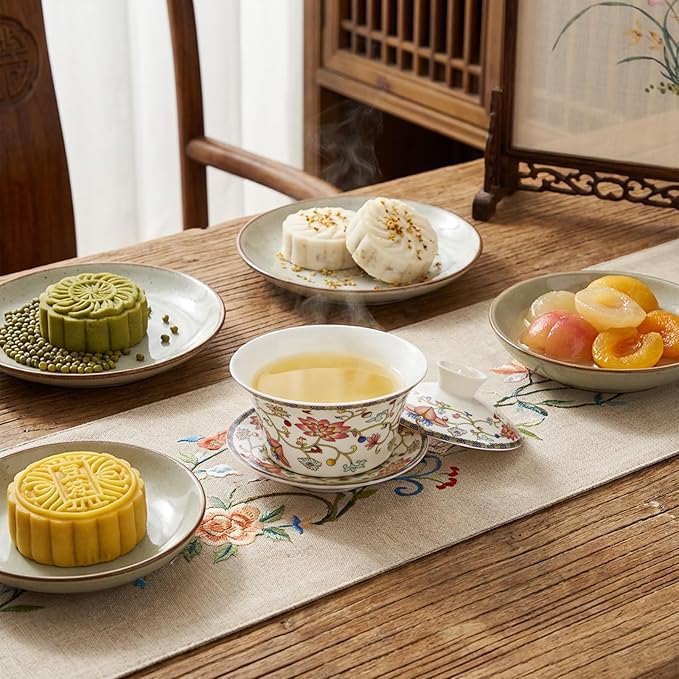 Set of 3 Gaiwan Chinese Tea Cup, 10 Oz Large Porcelain Tea Cup with Lid and Saucer, Traditional Handmade Kungfu Tea Bowl Set for Home Decor Kitchen Coffee, Flower Pattern