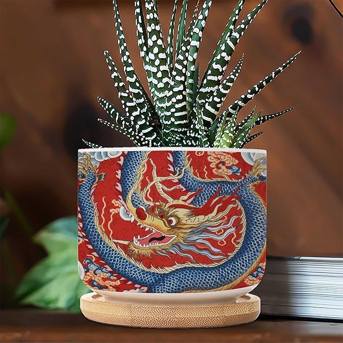 Red and Auqa Dragon Small Planters Ceramics Set of 1 Chinoiserie Dragon Ceramics Planters with Drainage Bamboo Trays Asian Scenery Chic Chinoiserie Houseplant Pot