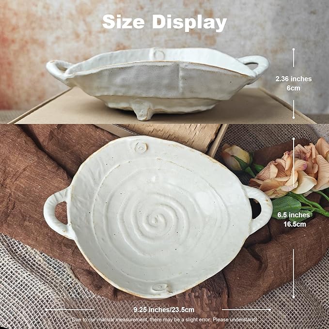 Retro Free-Form Edge Decorative Bowl Ceramic Fruit Bowl with Handle，Matte Farmhouse Cutlery Serving Bowls,Salad Bowl,Table Centerpiece Decor，Housewife/Handmade Gift Box