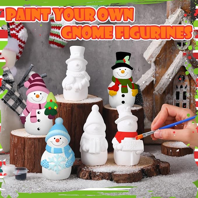 Eersida 6 Sets Winter Ceramics to Paint Ready to Your Own Ceramic Snowman Statues DIY Unpainted Paintable Winter Figurines Kit Crafts with Brush Palette for Christmas DIY
