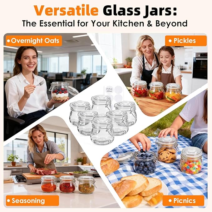 SKOCHE 6 Pack Glass Jars with Airtight Lid 17 oz, Small Air Tight Glass Storage Jar, Pickling Jar, Leakproof Canister Jars with Silicone Seal for Kitchen Canning, Food Storage, Jam, Mason jars