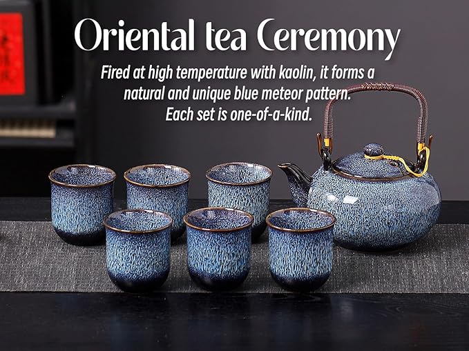Traditional Japanese tea set, Kiln altered glaze Porcelain tea set with 1 teapot (23.5oz/700ml), 6 teacups (4oz/120ml), 1 Tea Tray,Japanese teapot set, Asian tea sets (Kiln altered Blue)