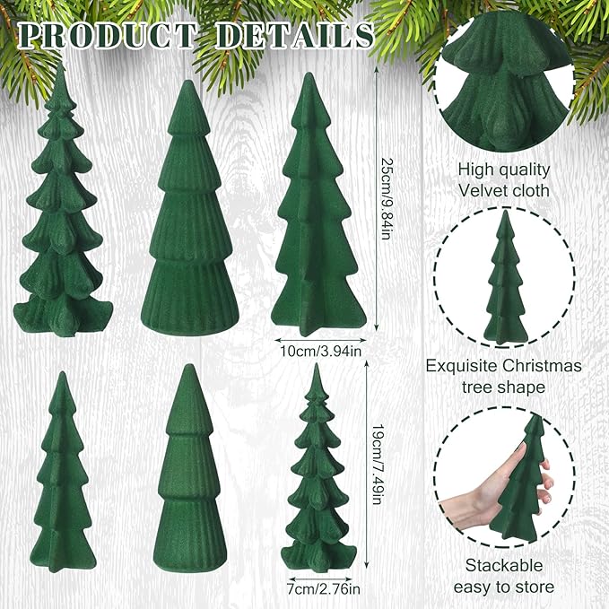 Wesiti 6 Pcs Velvet Ceramic Christmas Trees Figurines 9.84''7.49'' Large Modern Velvet Cones Tabletop Christmas Tree Figurine Green Centerpieces Table for Xmas Holiday Fireplace Farmhouse Decor