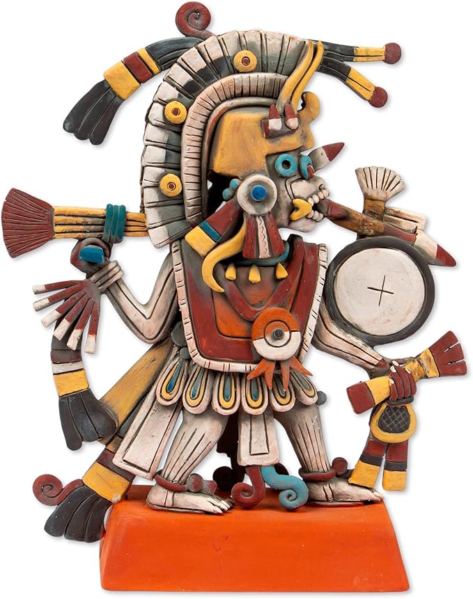NOVICA Artisan Handcrafted Ceramic Sculpture Signed Artisan Aztec from Mexico Earthtone Multicolor Oak Buff Archaeological Fine Halloween [] ' Aztec God of Dawn'