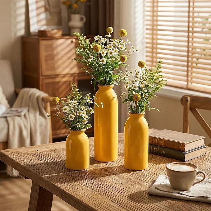 CWLWGO-Ceramic Yellow Vase Set of 3, Decorative Vases for Modern Farmhouse Decoration, Living Room Accents & Dining Table Centerpieces, Idea Bookshelf Mantel and Entrance Decor.