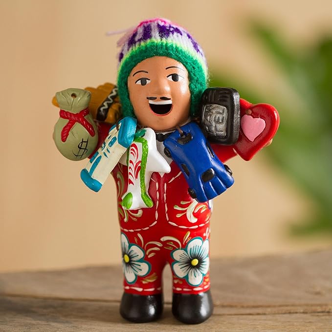 NOVICA Artisan Handmade Ceramic Figurine Ekeko Sculpture with Wool Cap from Peru Red People Portraits Floral [6in H x 4.3in W x 2.8in D] ' Ekeko of Abundance in Red'