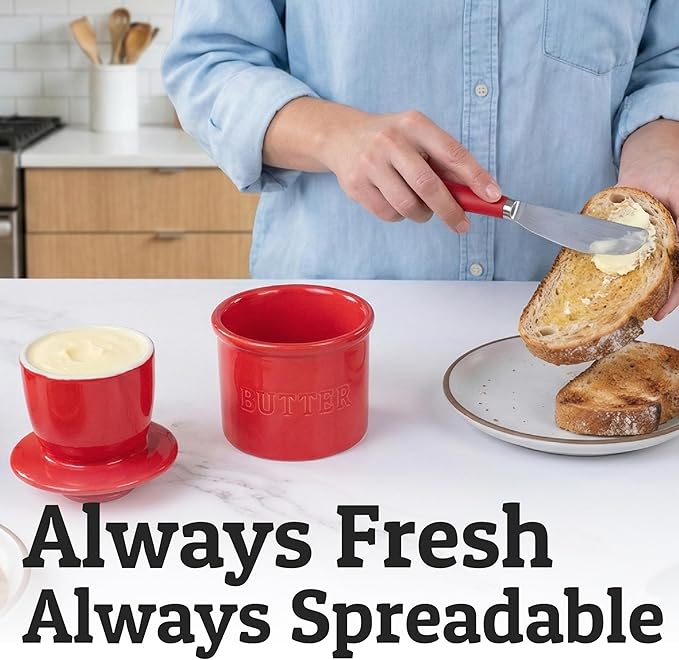 PriorityChef Butter Crock with Lid with Water Line, Ceramic French Butter Dish to Leave On Counter, Red
