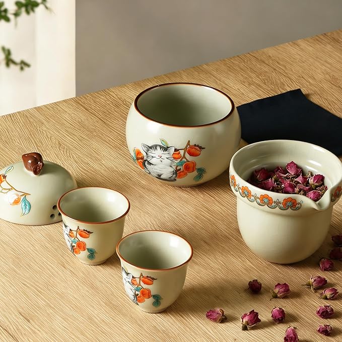 Mini Tea Cups,Cute Lucky Cat Cups,Small Tea Mugs,Porcelain Gongfu Tea set with 3 in 1,Tea Sets for Adults,Ceramic Tea Infuser Cup for Loose Leaf for Women/Tea Lovers/Birthday/Easter's Day (Green)