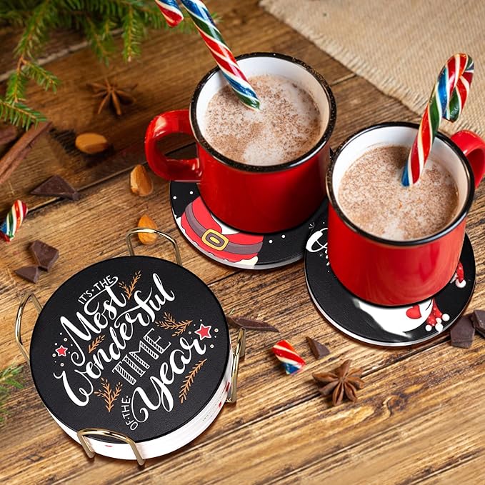 Christmas Coasters Set of 6 Cute Ceramic Coasters with Holder Funny Absorbent Coaster Set Coffee Table Decor Gift for Drinks Home Office Party Desk Table Bar Xmas Holiday Decorative Cup Coaster