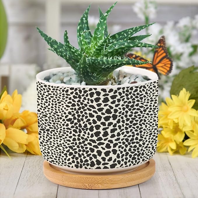 Leopard Print Planters Ceramic African Animal Stripe Round Plant Pot with Drainage Holes and Bamboo Tray Pot for Home Office Desk Garden