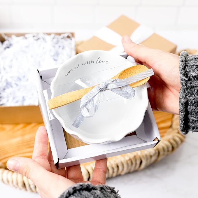 Pavilion Gift Company - Served With Love - 4.5" Ceramic Bowl With Bamboo Serving Spoon Neutral Ombre Kitchen Serveware Housewarming Gift Hostest Host Present