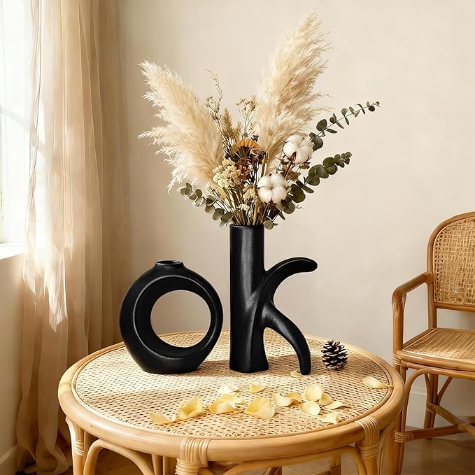 Assemble OK Ceramic Vase Set of 2 for Home Decor, Modern Boho Ins Style Matte Vase for Pampas Grass for Table Centerpiece, Living Room, Shelf, Mantle, Housewarming Gift (Black Vase)