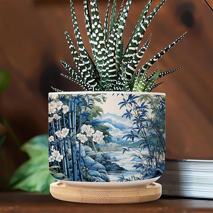 Blue and White Asian Scenery Ceramics Plant Pot Set of 2 Blue Bamboo and Flower Cactus Planter for Indoor with Drainage Holes Asian Scenery Chinoiserie Small Ceramics Pots for Plants