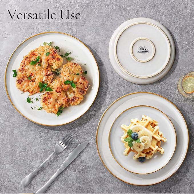 E-far 8” Ceramic Salad Plates Set of 6, Reactive Glaze Stoneware Dishes, Round Dessert Plate for Home Kitchen Restaurant, Microwave & Dishwasher Safe – Seashell White
