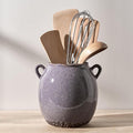 JIEMEI HOME Kitchen Utensil Holder with Handle, 6.69" Ceramic Farmhouse Stable Utensil Crock for Countertop, Cooking Tool Organizer with Cork Bottom, Spatula Holder For Kitchen Decor, Purple