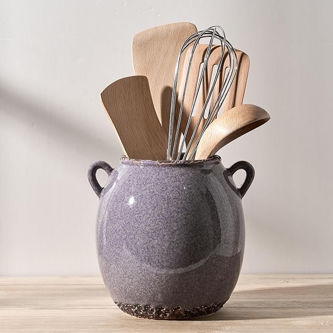 JIEMEI HOME Kitchen Utensil Holder with Handle, 6.69" Ceramic Farmhouse Stable Utensil Crock for Countertop, Cooking Tool Organizer with Cork Bottom, Spatula Holder For Kitchen Decor, Purple