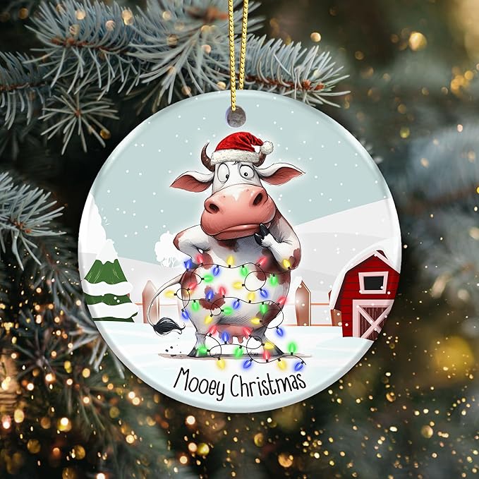 Cow Ornament 2025, Mooey Christmas – Funny Farmhouse Christmas Tree Decoration, Cute Cow Tangled in Lights, Rustic Barn Winter Scene, Ceramic Holiday Ornament for Cow Lovers, Farmers