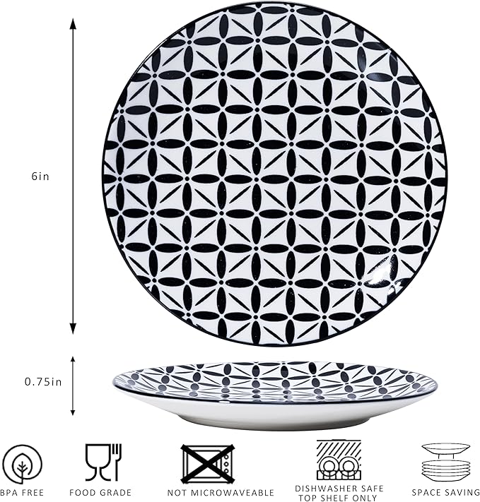 LEHAHA Ceramic 6'' Appetizer Plates Set of 6, Small Dessert/Salad Plates, Black Round Serving Plates, Porcelain Dinnerware Dishes for Cake, Waffle, Pasta,snacks, cookie, Microwave & Dishwasher Safe