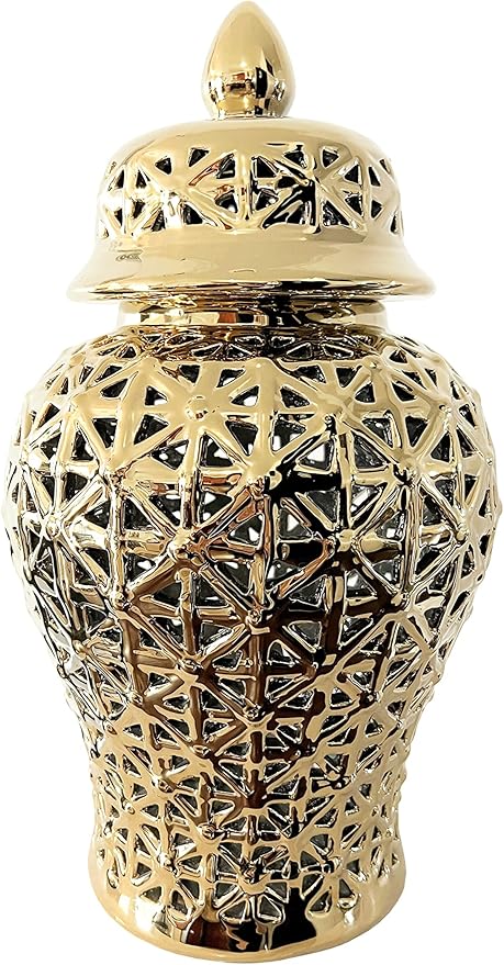 Noori Home - 100% Modern Glam Artisan Ceramic ARIA Small Gold Ginger Jar Urns with Lid 7.5x7.5x14.5