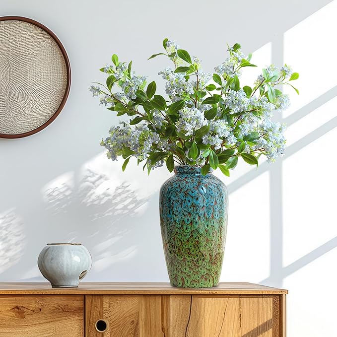 Unique Ceramic Flower Vase, Modern Home Decor for Living Room, Tables, Shelves & Enterways,11Inch Tall Blue Green Vase Gift for Housewarming, Wedding, Birthday