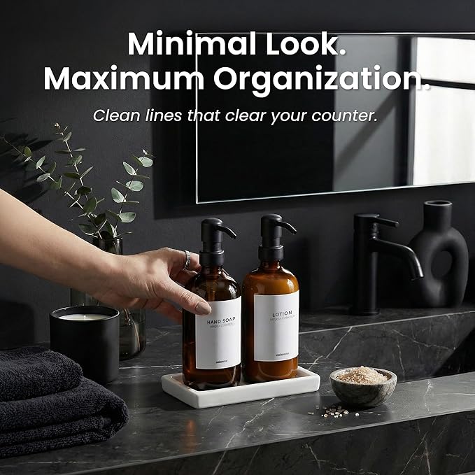 MaisoNovo Soap and Lotion Dispenser Set - Bathroom Soap Dispenser Set with Amber Glass Soap Dispenser, Black Pumps & Ceramic Tray