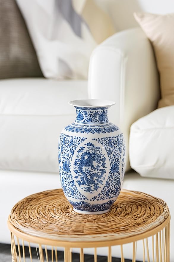 Blue and White Vase, Chinoiserie Porcelain for Living Room Shelf, Entryway Decor & Blue and White Home Centerpiece, Blue Vases Home Décor,11" H