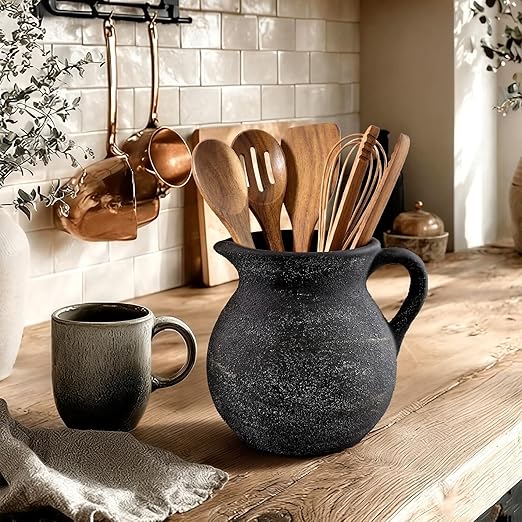 Rustic Kitchen Utensil Holder with Handle,7.48" H Ceramic Vintage Utensil Crock for Countertop, Farmhouse Kitchen Decoration Ceramic Pot for Spatulas Spoons Tongs(Classic,Antique Black Gold)
