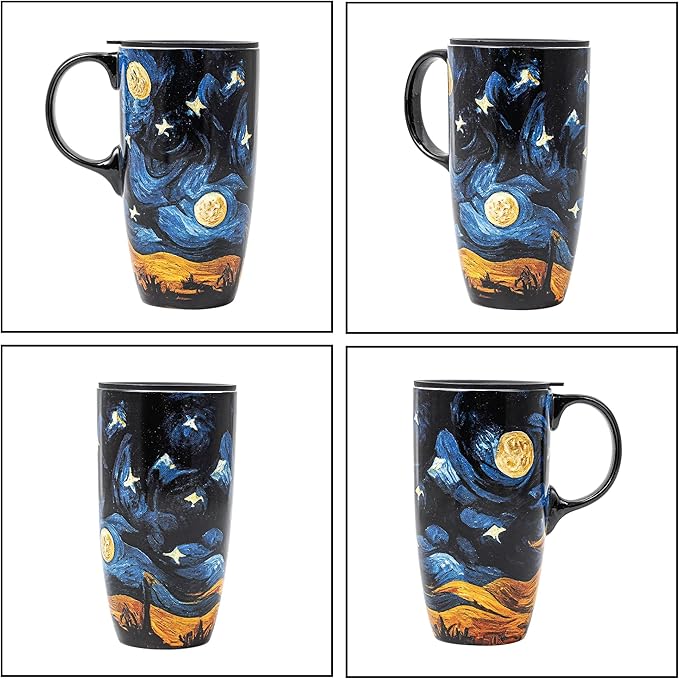 DUSVALLY Ceramic Tall Coffee Mug, Friends Coffee Cup Gift Set, Travel Mug with Lid for Office and Home, Porcelain Mug Unique Gifts for Women and Man, Moon Night, Color Box, 17 oz