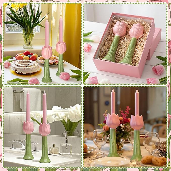 Vesici 2 Pcs 7.9 Inch Spring Pink Tulip Candle Holder Ceramic Tealight Candle Stick Holder for Table Centerpieces Wedding Parties Holiday Tabletop Decor Anniversary Engagement Gift