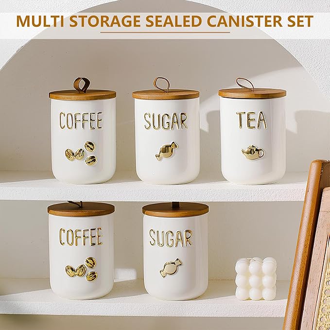 Comeon Ceramic Canister Set with Airtight Seal Bamboo Lid Silicone, 27oz Food Storage Jars for Coffee Sugar Tea, Container Set for Kitchen Pantry Counter Decor (Coffee)
