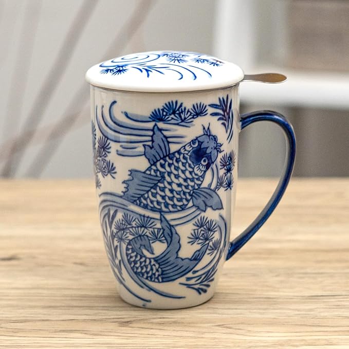 Urban Tokyo Tea Mug With Lid and Stainless Steel Infuser For Loose Leaf Tea Bag Tea Cup 15oz Porcelain Hot Beverage Everyday Use Home Office (Koi Fish)