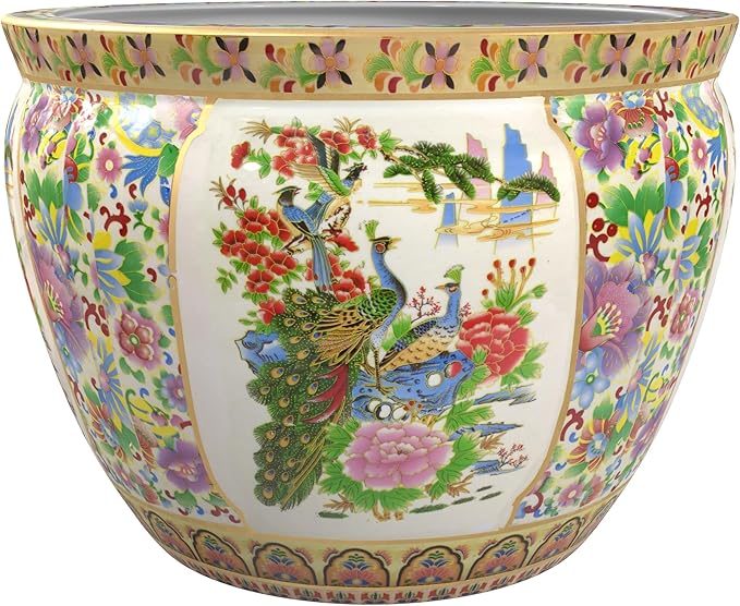 Red Lantern 18" Satsuma Birds & Flowers Porcelain Fishbowl