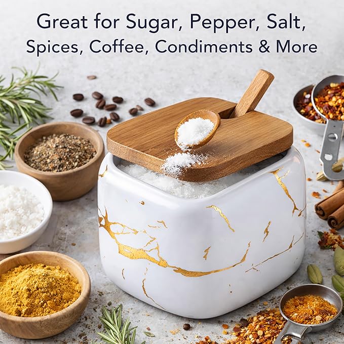 Marble Ceramics Sugar Bowl Ceramic Seasoning Box Ceramic Spice Jars Porcelain Condiment Pots with Lid and Spoon (White)