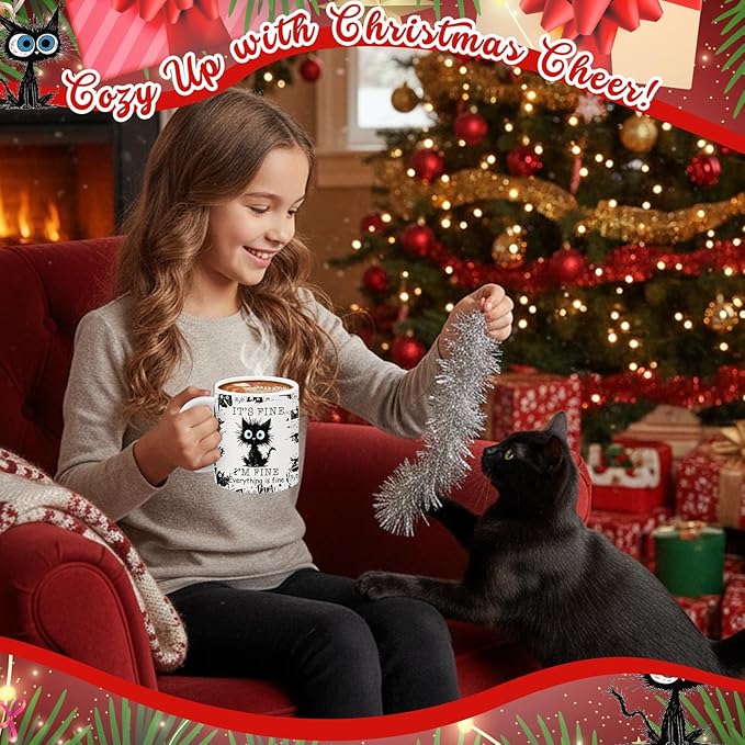 Sliner 2 Set I'm Fine Everything Is Fine Cat Mugs Black Cat Funny Coffee Cups Gifts 11 oz Ceramic Cute Tea Cup Holiday Birthday Gifts for Men Women Colleague Coworker