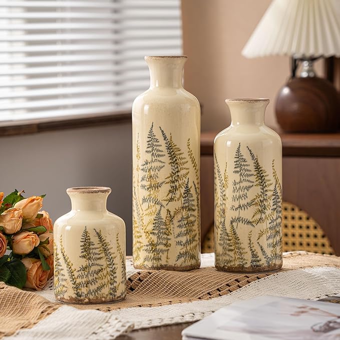 Vintage Floral Pitcher Vase with Handle, Ceramic Farmhouse Flower Vase French Country Decor, Rustic Table Centerpiece, Grand Millennial Tuscan Home Decor for Living Room, Bookshelf (Green-009)
