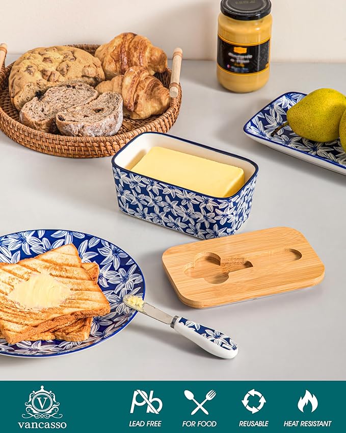 vancasso SELENE Butter Dish with Lid, 6.5" Large Butter Dish for Countertop, Ceramic Butter Keeper Container with Knife and Bamboo Lid, Blossom Cluster Pattern