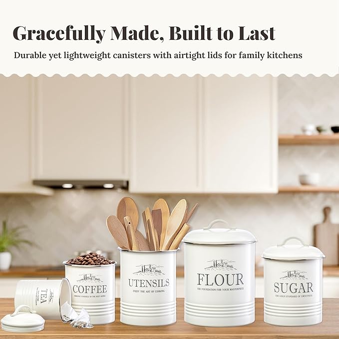 Kitchen Canisters for Countertop – 5-Piece Airtight Flour Sugar Coffee Tea Kitchen Canister Set with Utensil Holder – Sugar and Flour Containers for Kitchen Counter, Cream-White Finish